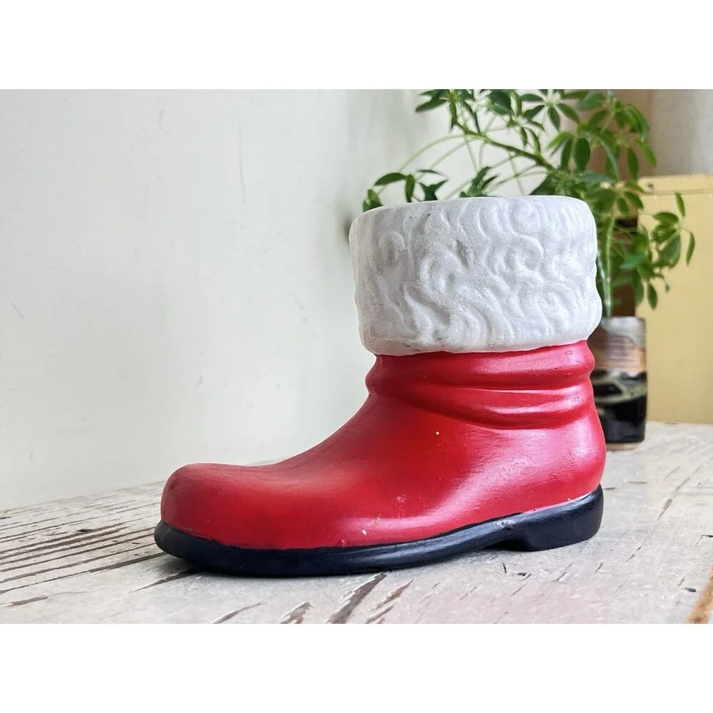 Vintage Hand Painted Ceramic Christmas Santa Boot Candy Cane Holder / Planter